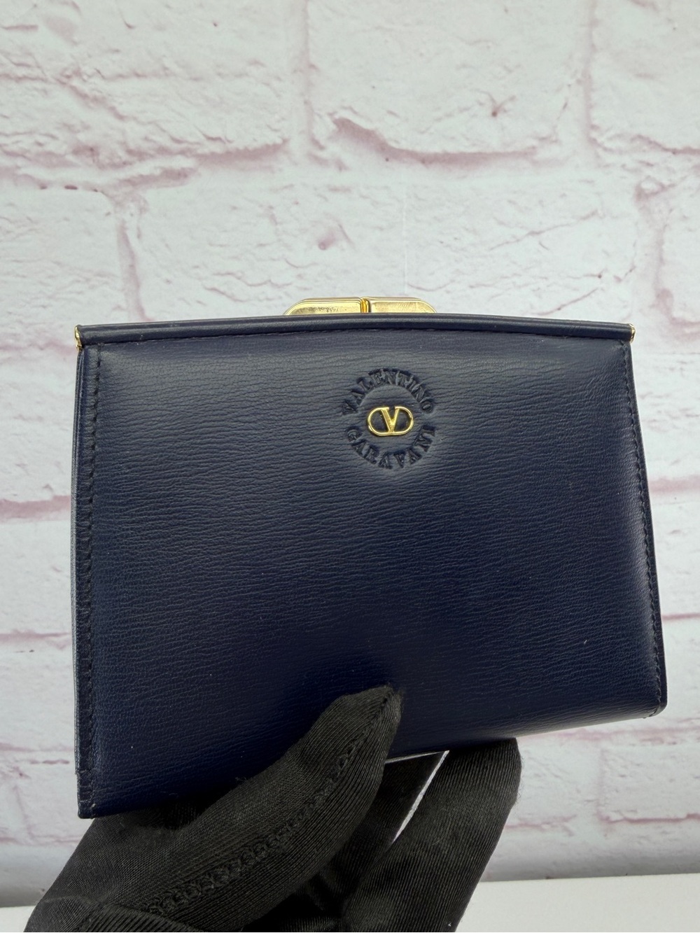 Valentino Garavani Vintage Navy Blue Compact Kisslock Wallet